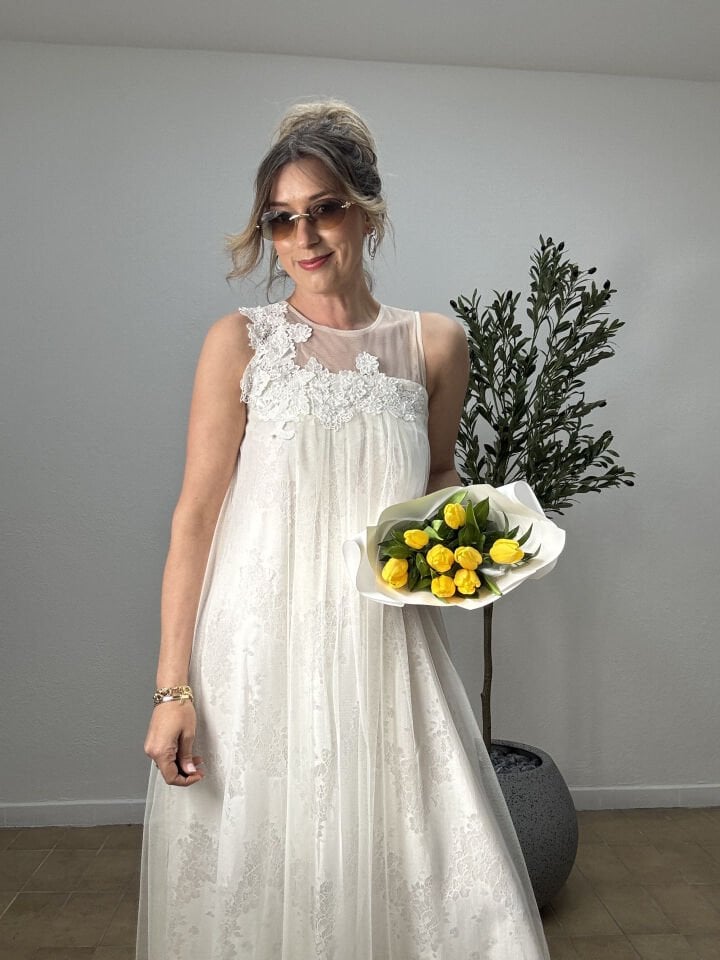 İTHAL TÜL ELBİSE 3004-8 STD - Krem