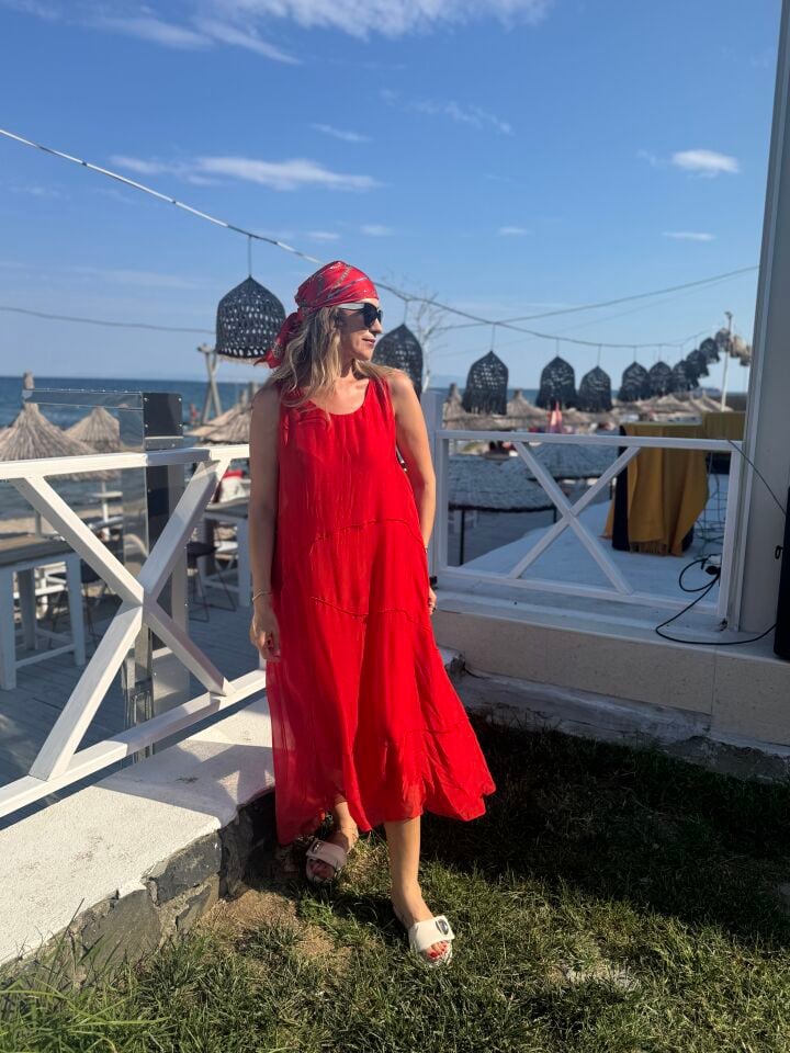 İTHAL İPEK V YAKA KALIN ASKILI RAHAT KESİM ELBİSE 9574 STD