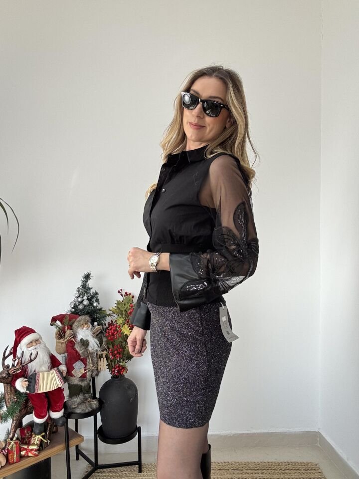 KOLLARI TÜL PAYET GÖMLEK SİYAH / L