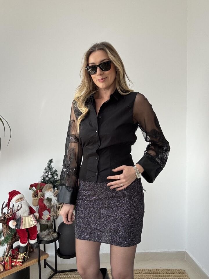 KOLLARI TÜL PAYET GÖMLEK SİYAH / L