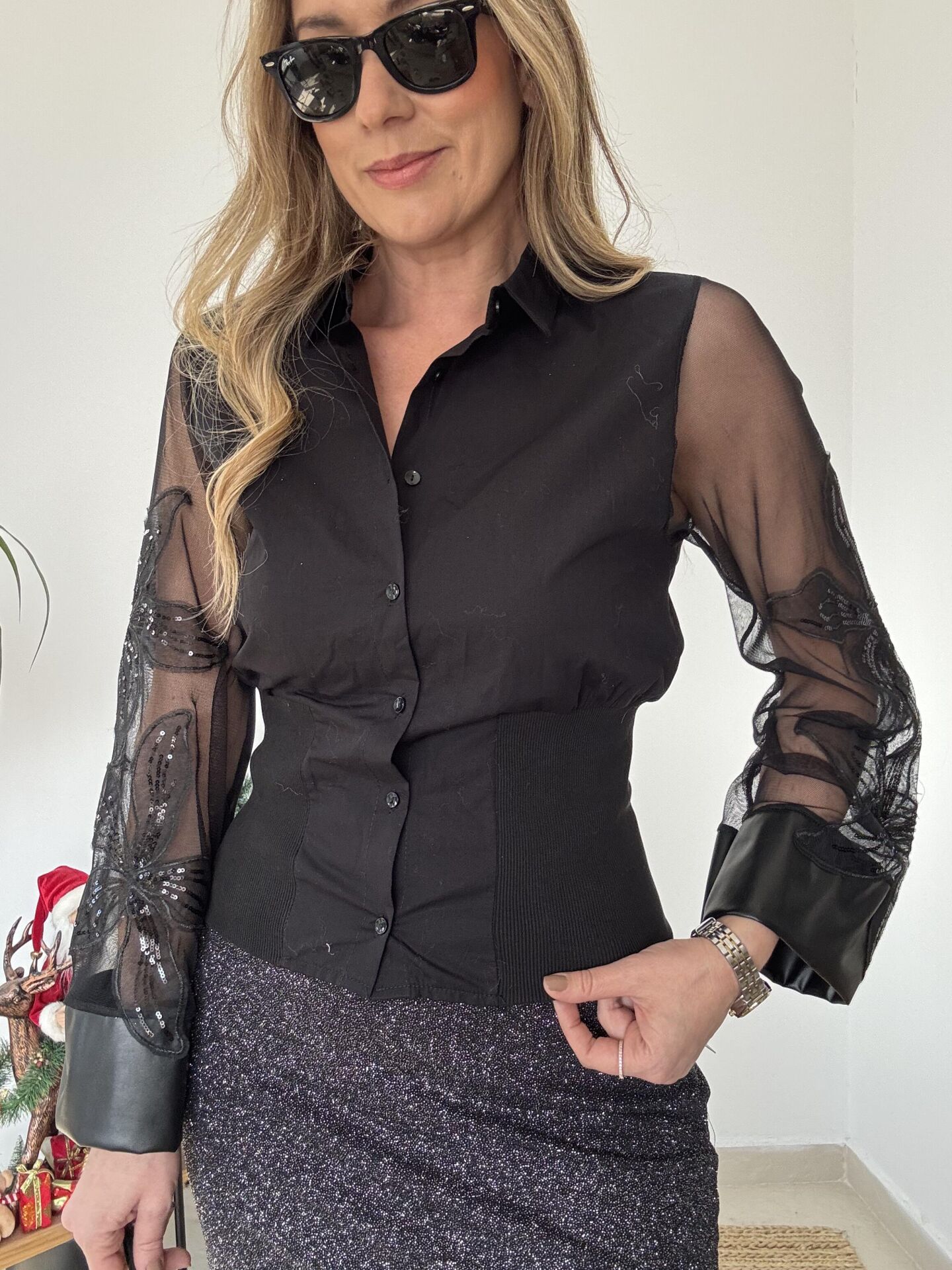 KOLLARI TÜL PAYET GÖMLEK SİYAH / L