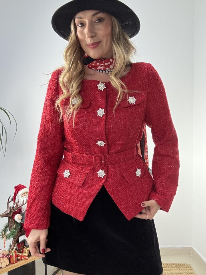 İTHAL KIRMIZI TÜVİT TAŞLI CEKET KIRMIZI / S