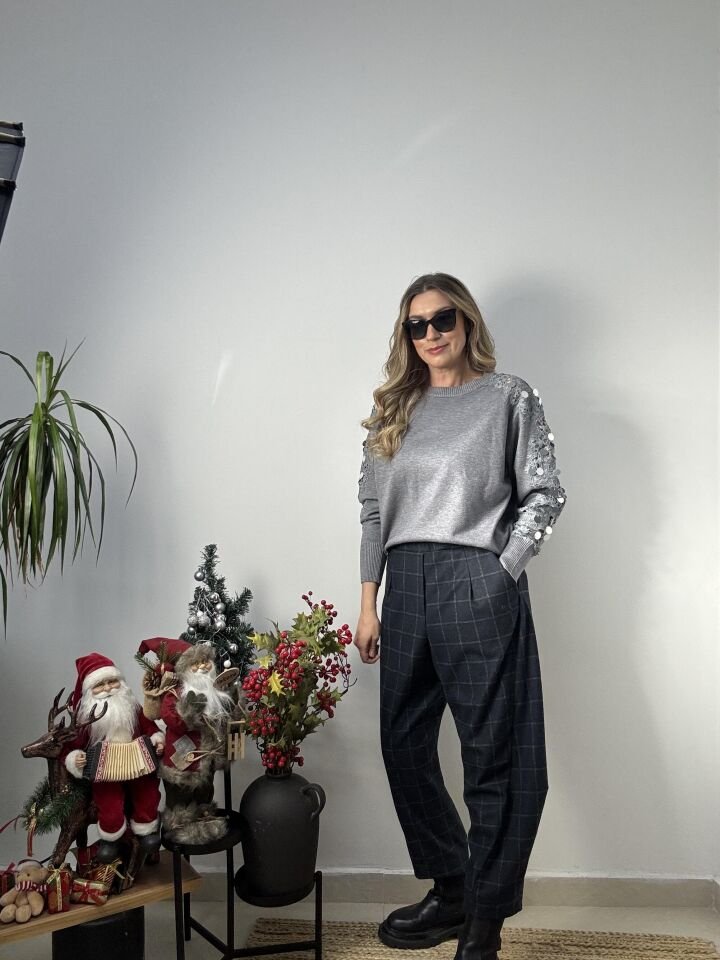 İTHAL KOLLARI DEKOLTE PAYET TRİKO GRİ / L-XL