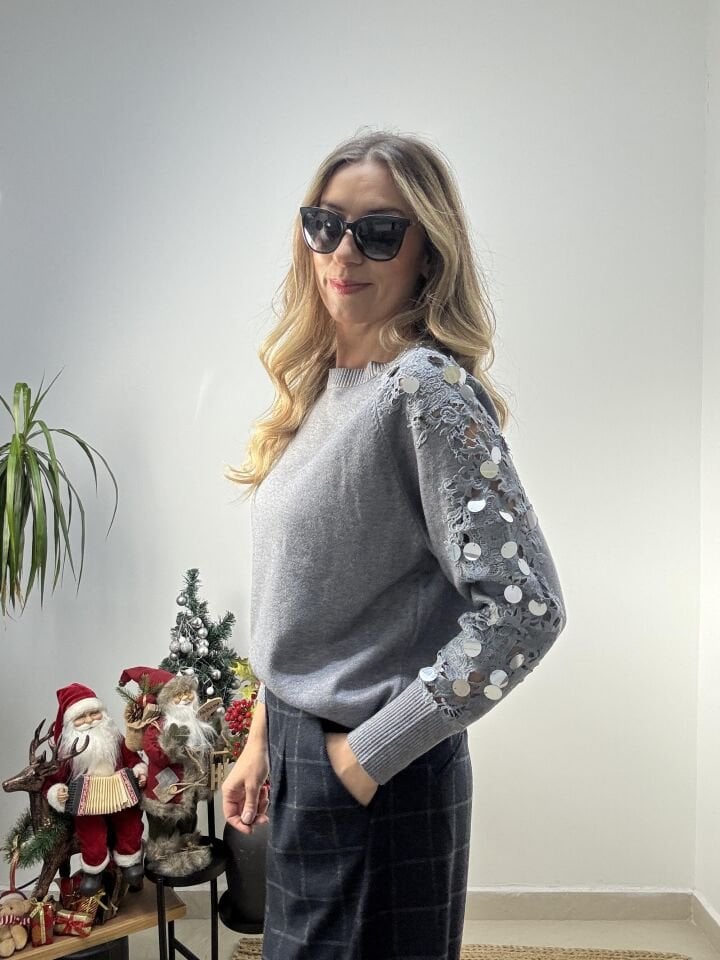 İTHAL KOLLARI DEKOLTE PAYET TRİKO GRİ / L-XL