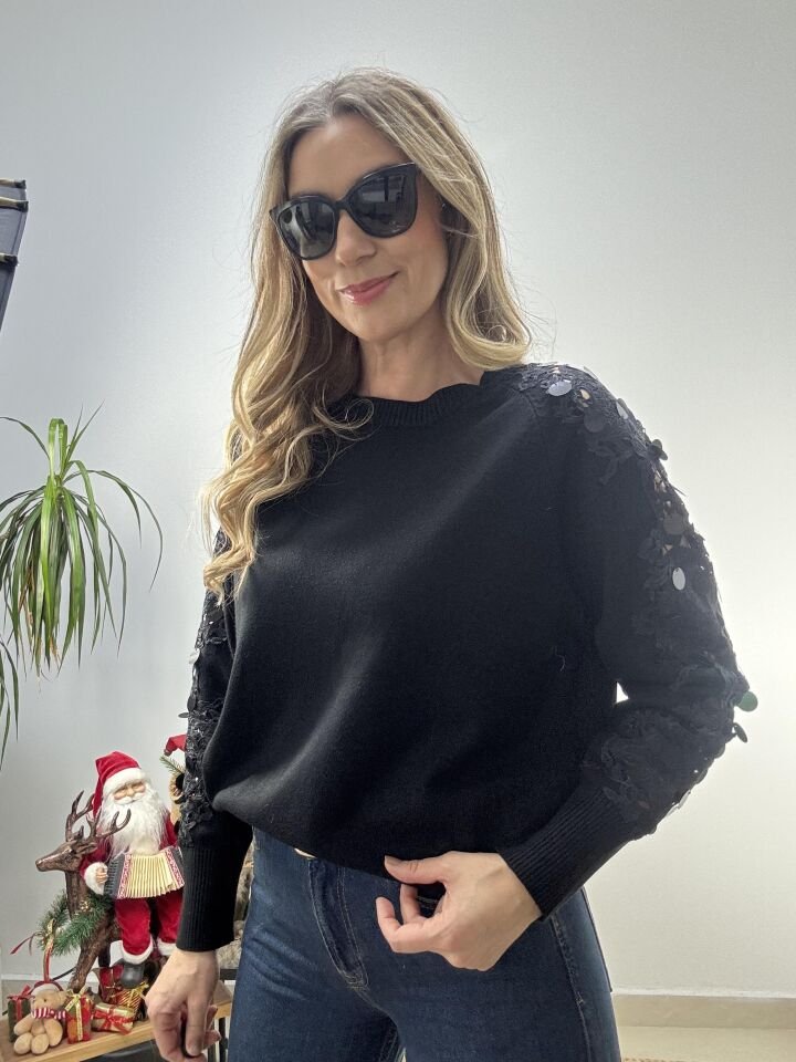 İTHAL KOLLARI DEKOLTE PAYET TRİKO SİYAH / S-M