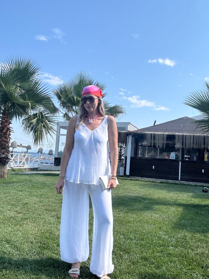 İTHAL ÖN ARKA V YAKA BLUZLU BELİ LASTİK PANTOLONLU İPEK TAKIM 3000 STD - Siyah