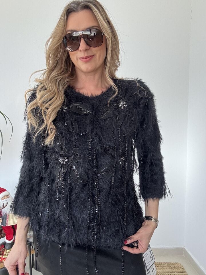 İTHAL KAŞMİR UZUN TAŞLI KAZAK SİYAH / STD