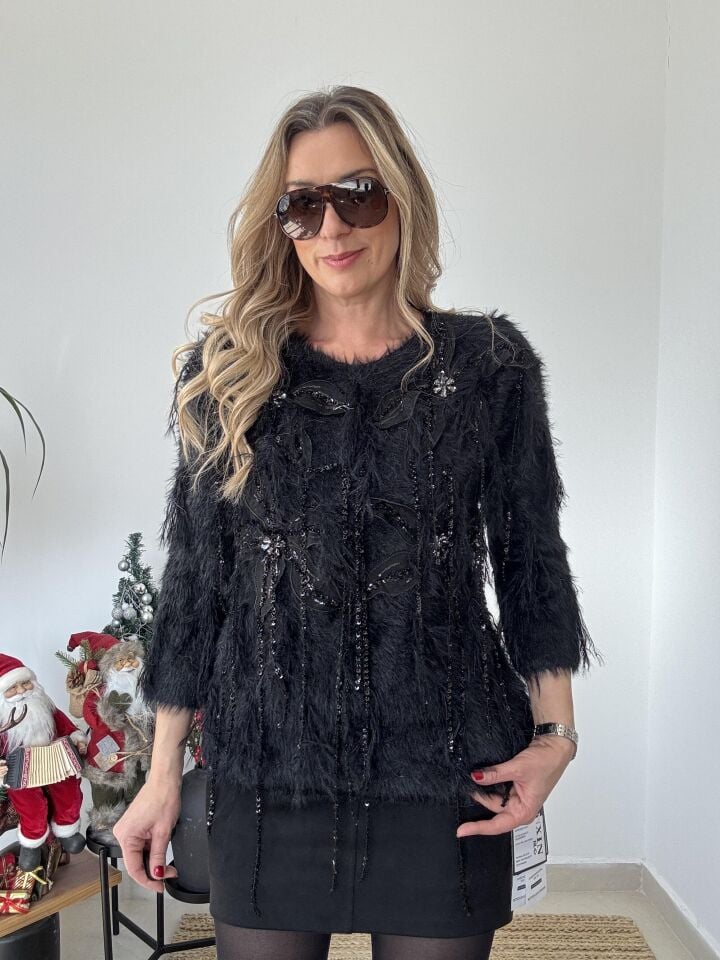 İTHAL KAŞMİR UZUN TAŞLI KAZAK SİYAH / STD