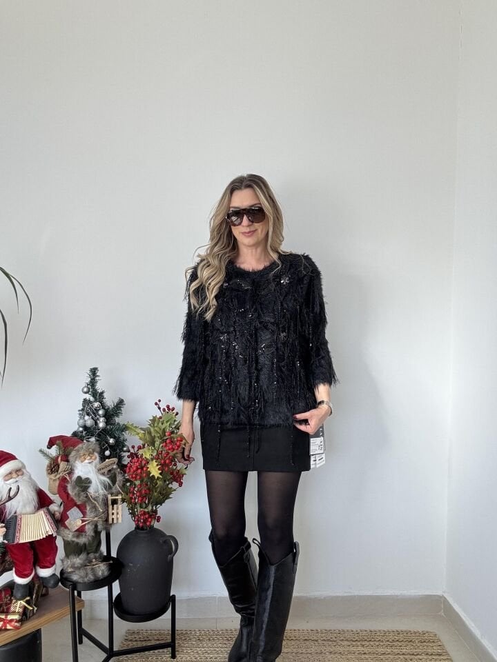 İTHAL KAŞMİR UZUN TAŞLI KAZAK SİYAH / STD