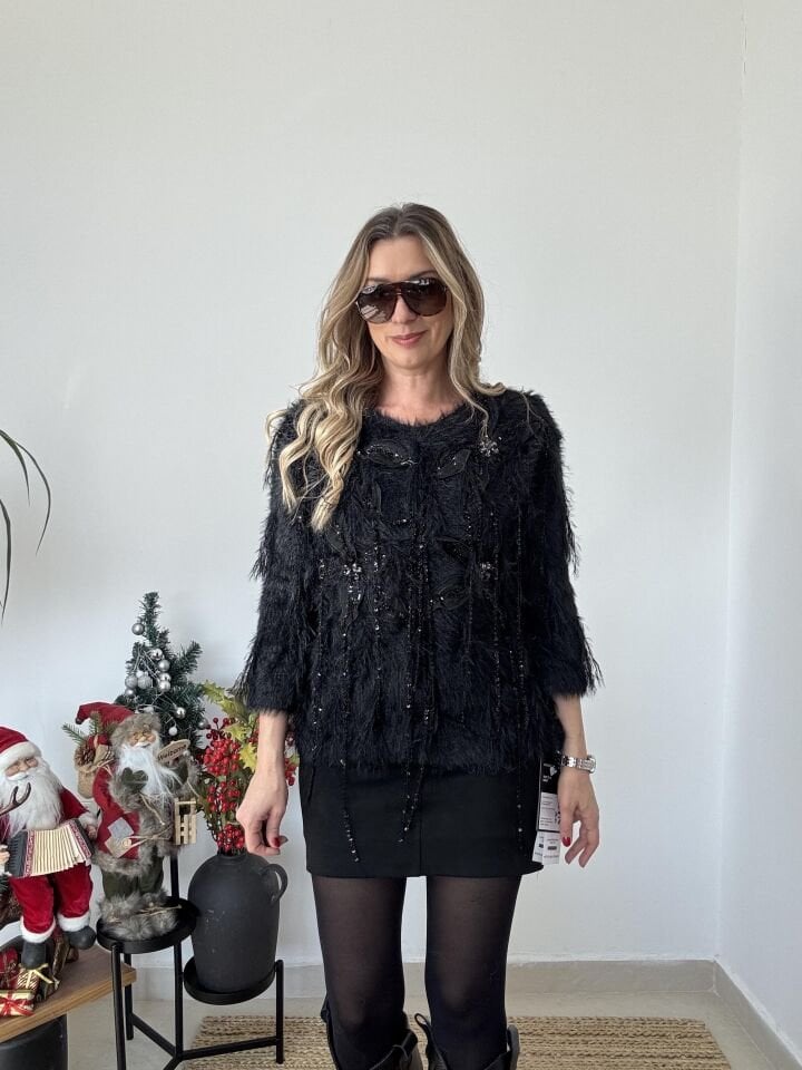 İTHAL KAŞMİR UZUN TAŞLI KAZAK SİYAH / STD