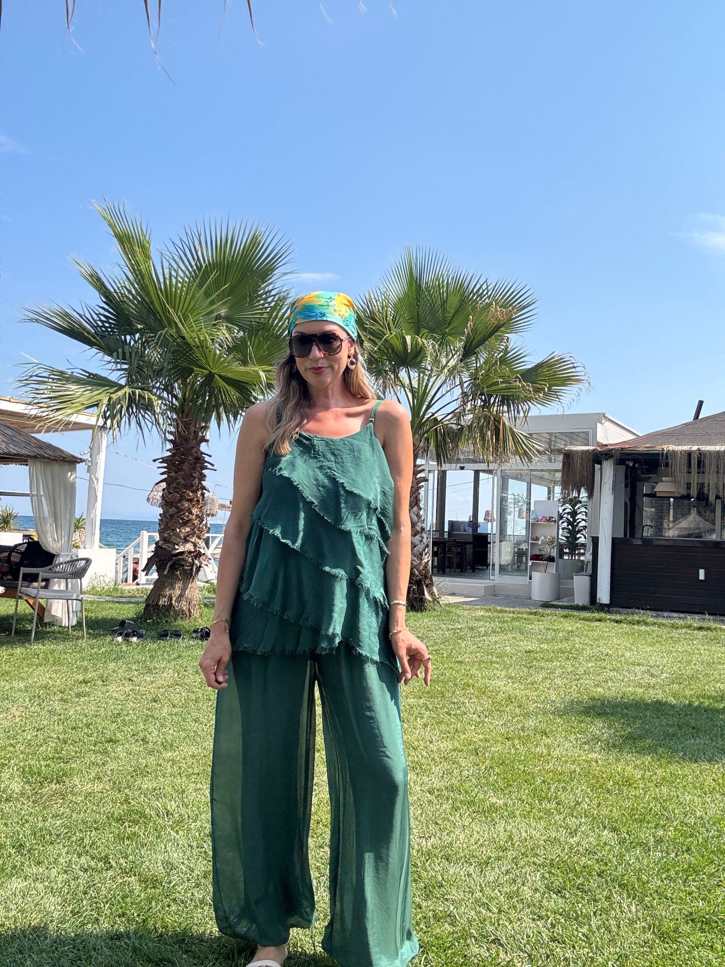 İTHAL İP ASKILI KAT KAT BLUZLU İPEK TAKIM 67370 STD - Yeşil