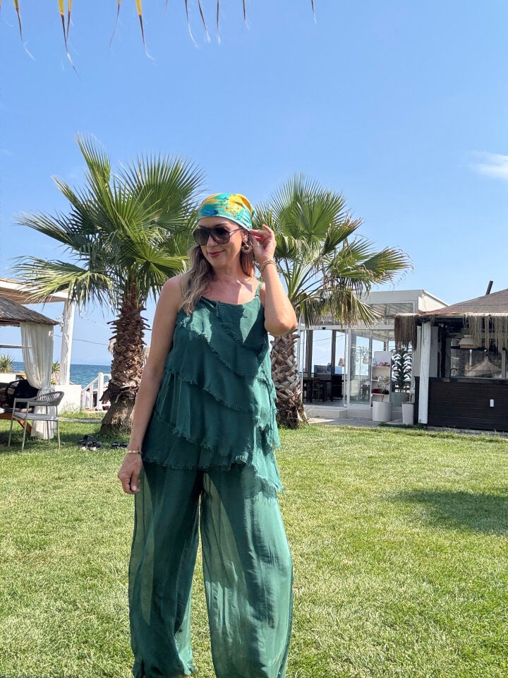 İTHAL İP ASKILI KAT KAT BLUZLU İPEK TAKIM 67370 STD - Yeşil
