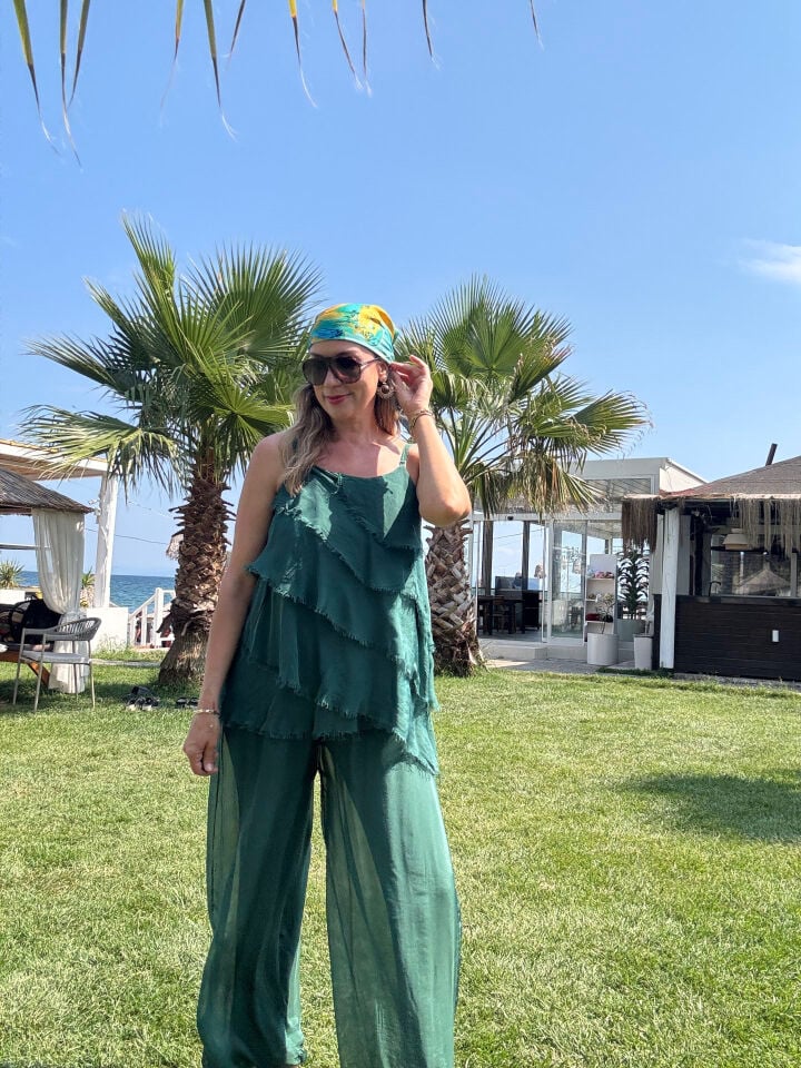 İTHAL İP ASKILI KAT KAT BLUZLU İPEK TAKIM 67370 STD - Yeşil