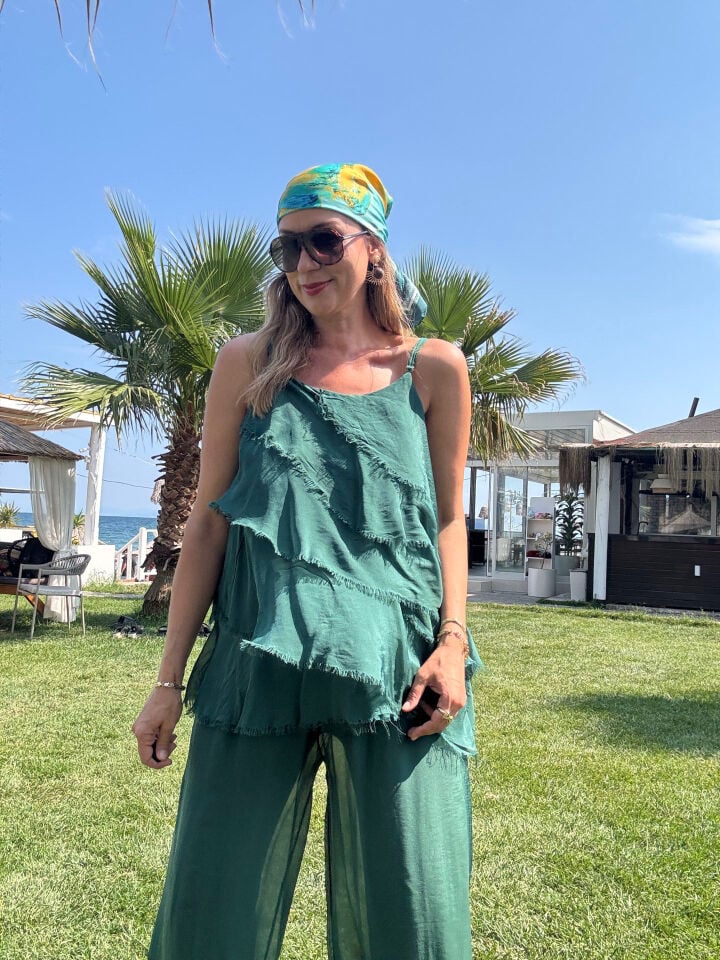 İTHAL İP ASKILI KAT KAT BLUZLU İPEK TAKIM 67370 STD - Yeşil