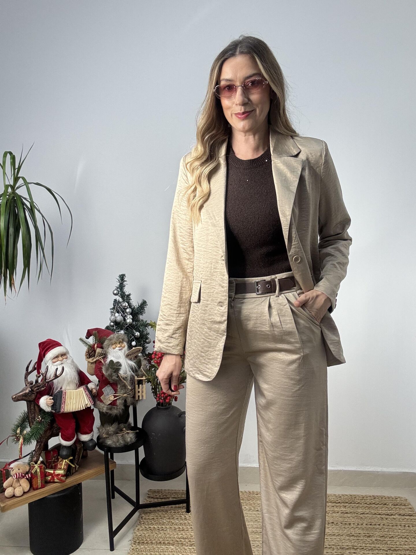 İTHAL SATEN CEKETLİ TAKIM BEJ / S-M