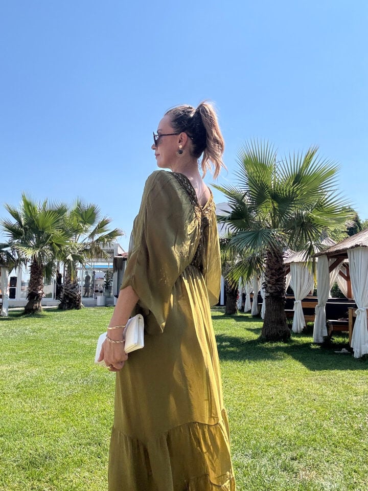 İTHAL KISA KOLLU PAYETLİ İPEK ASTARLI ELBİSE 7644 STD - Yeşil