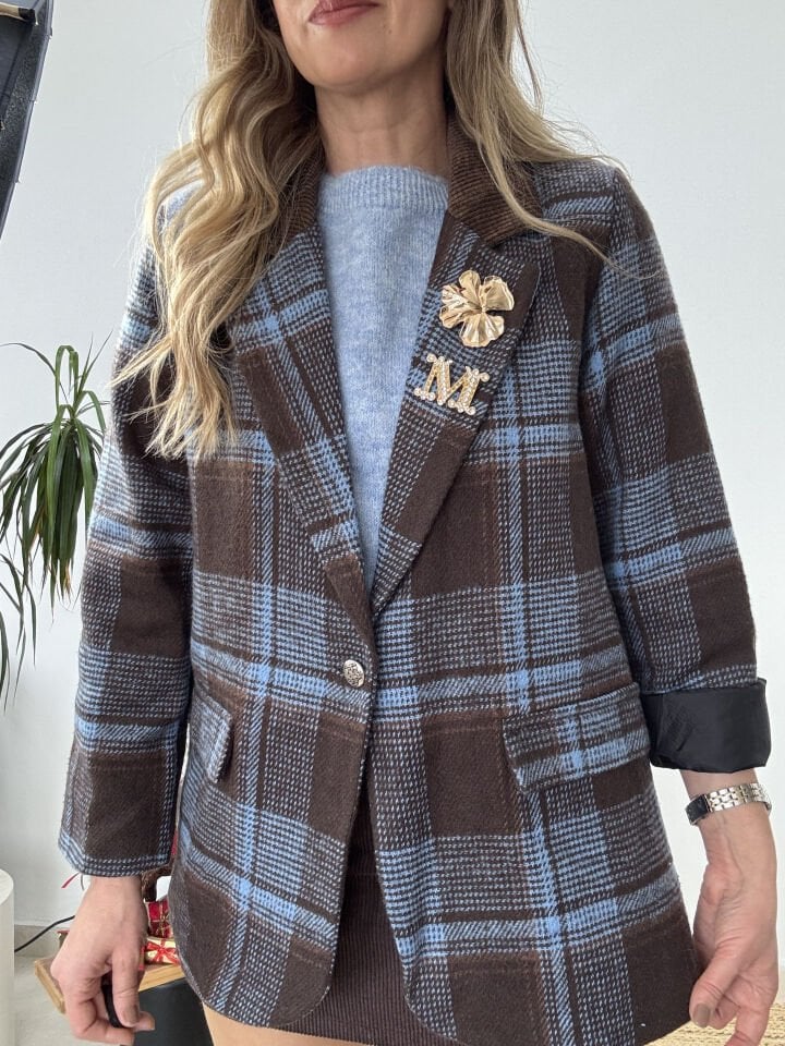 İTHAL BROŞLU EKOSE CEKET MAVİ / STD