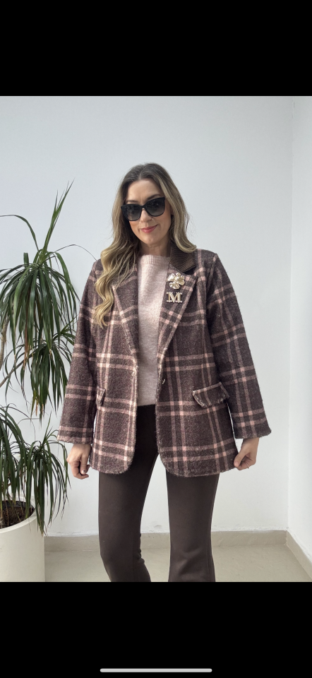 BROŞLU EKOSELİ UZUN CEKET PEMBE / STD