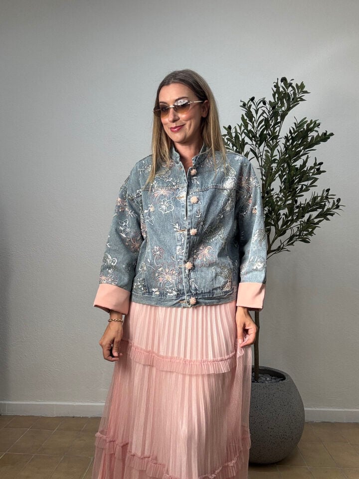 İTHAL PEMBE BOŞ DETAYLI JEAN CEKET 0302 Mavi