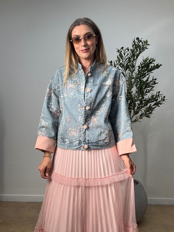 İTHAL PEMBE BOŞ DETAYLI JEAN CEKET 0302 Mavi