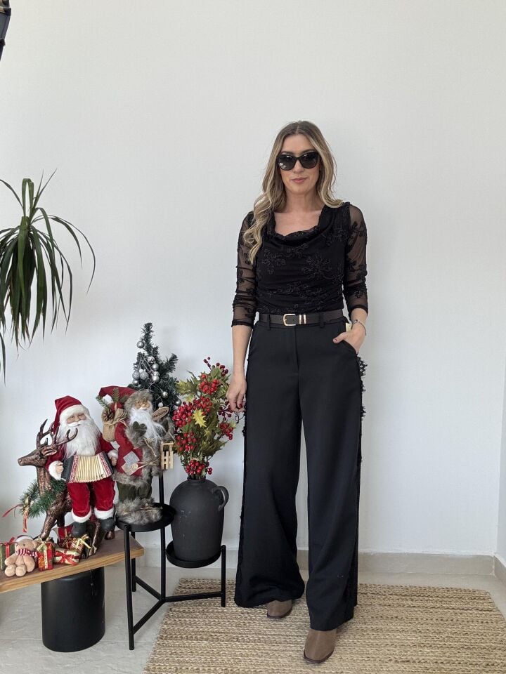 İTHAL KOLLARI TÜL BLUZ SİYAH / STD