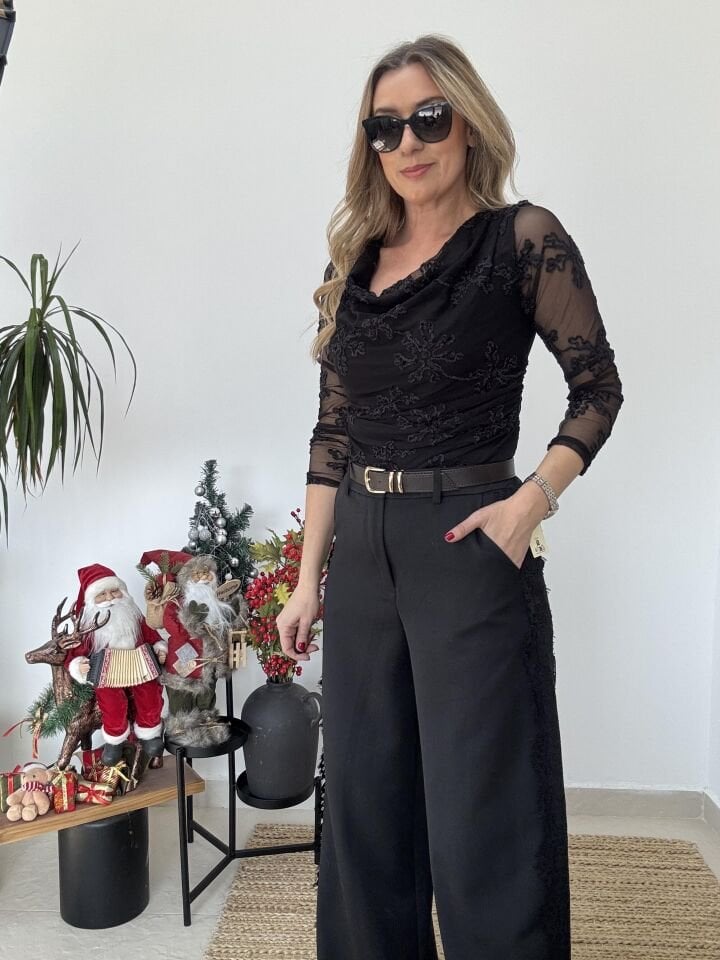 İTHAL KOLLARI TÜL BLUZ SİYAH / STD