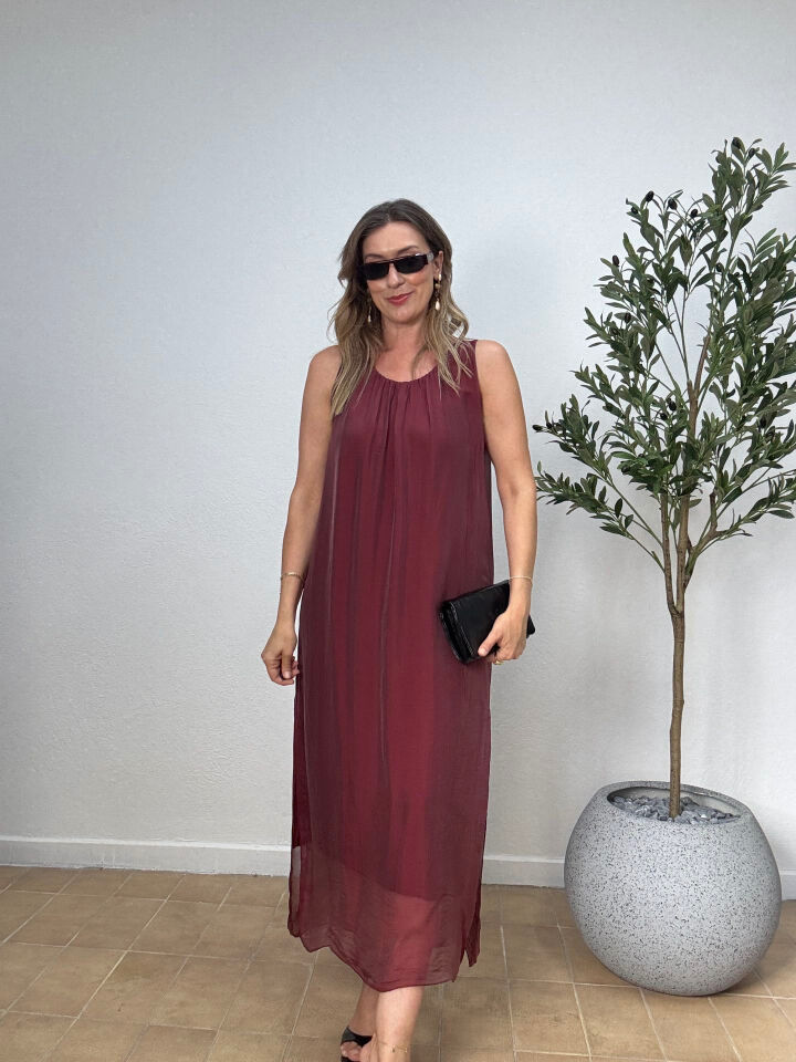 DÜZ DESEN SIFIR KOL İPEK ELBİSE 2568 STD - Bordo