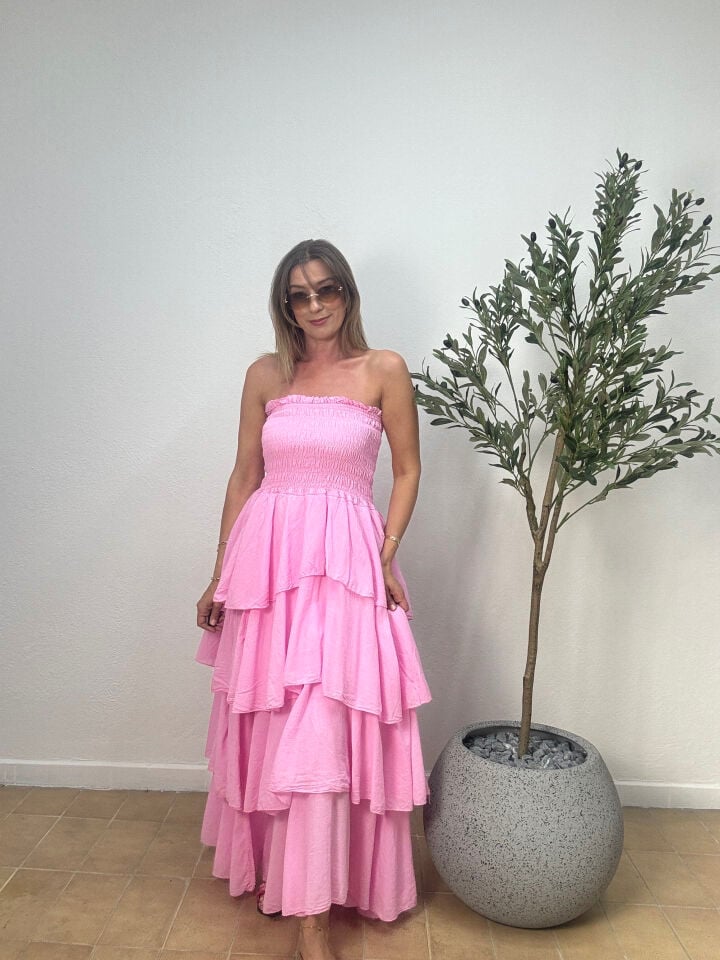 İTHAL KAT KAT PAMUKLU ELBİSE 5052 STD - Pembe