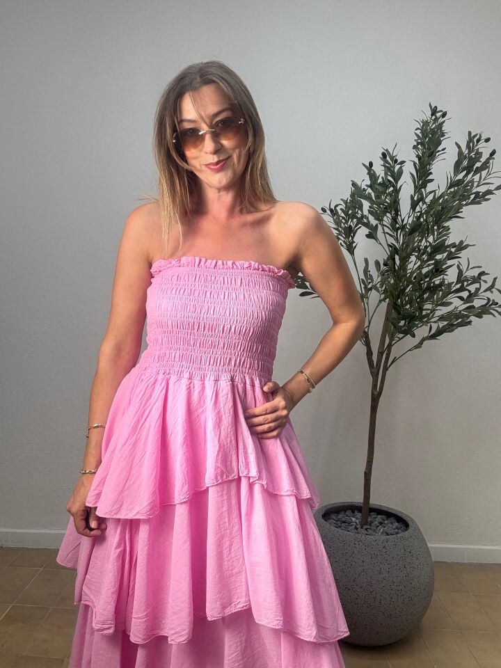 İTHAL KAT KAT PAMUKLU ELBİSE 5052 STD - Pembe