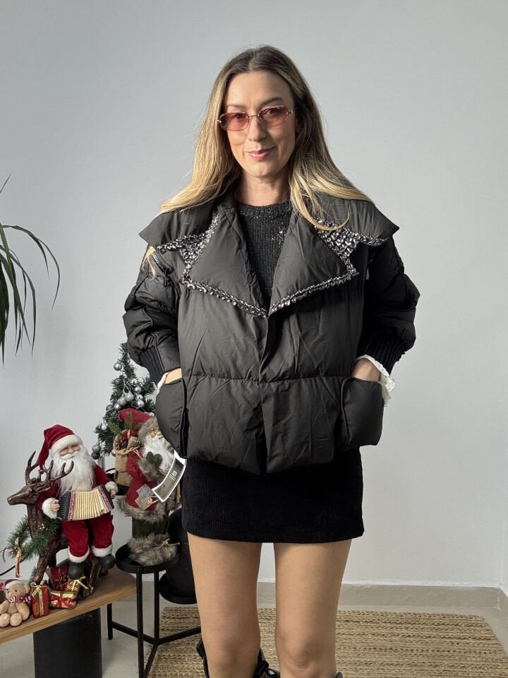 İTHAL YAKASI TAŞLI ŞİŞME MONT SİYAH / STD