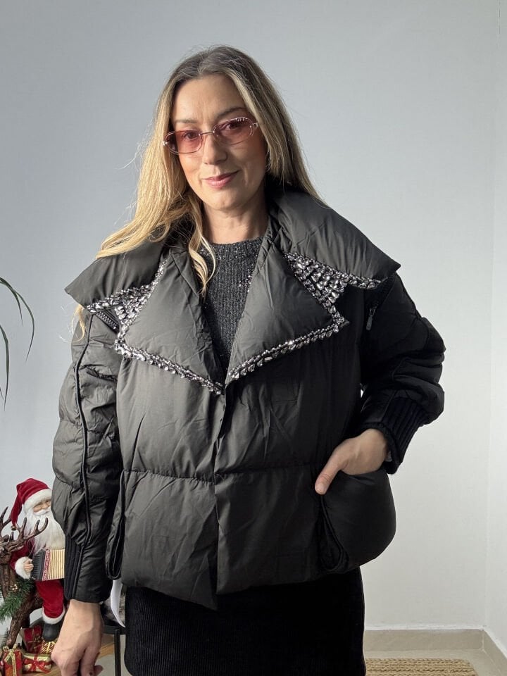 İTHAL YAKASI TAŞLI ŞİŞME MONT SİYAH / STD