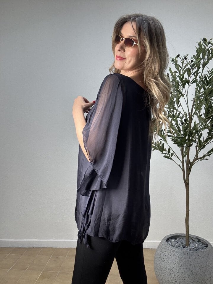 İTHAL DÜZ DESEN FIRFIRLI İPEK BLUZ 6158