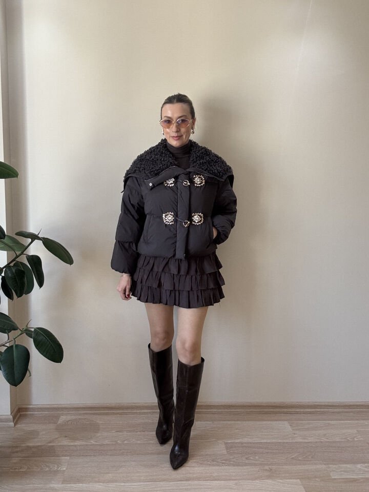 İTHAL TAŞ DÜĞMELİ YAKASI KÜRKLÜ MONT ANTRESİT / STD