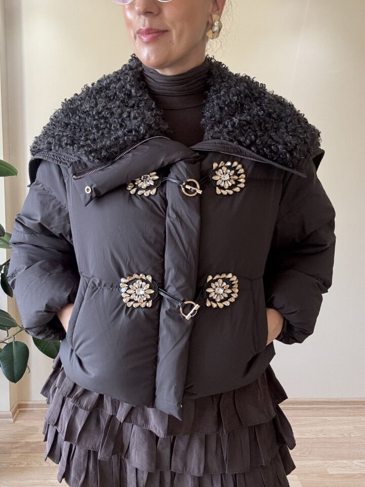 İTHAL TAŞ DÜĞMELİ YAKASI KÜRKLÜ MONT ANTRESİT / STD