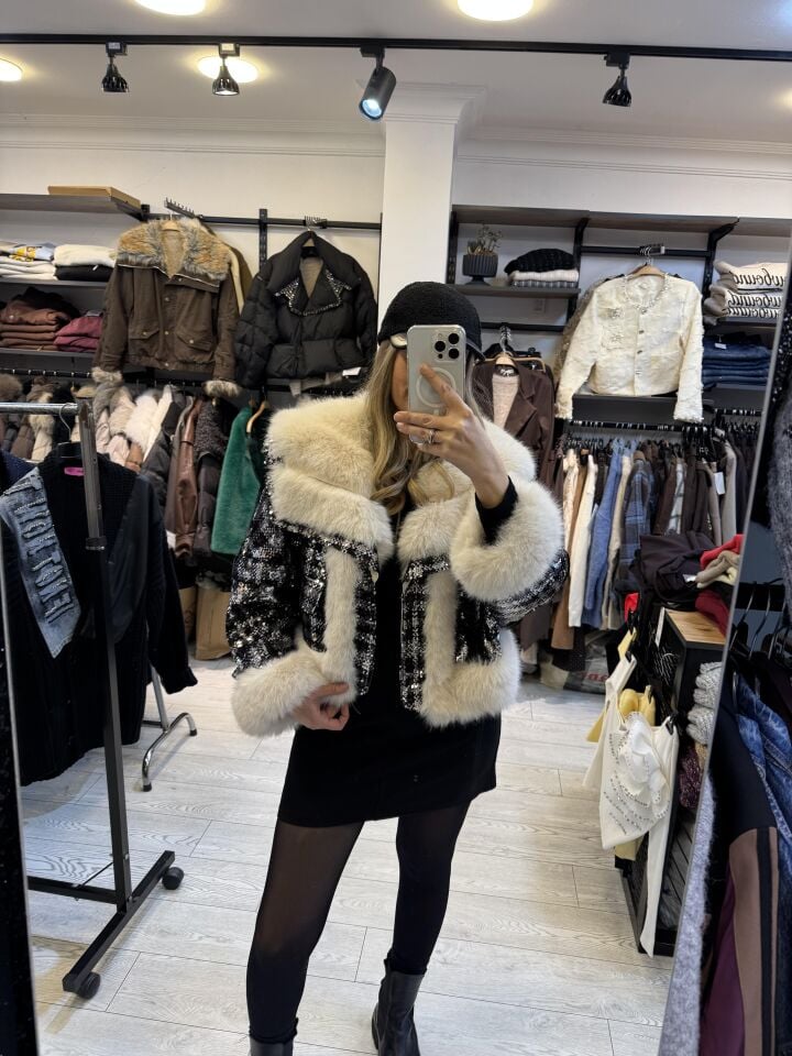 İTHAL PAYETLİ BEYAZ KÜRKLÜ MONT SİYAH / STD