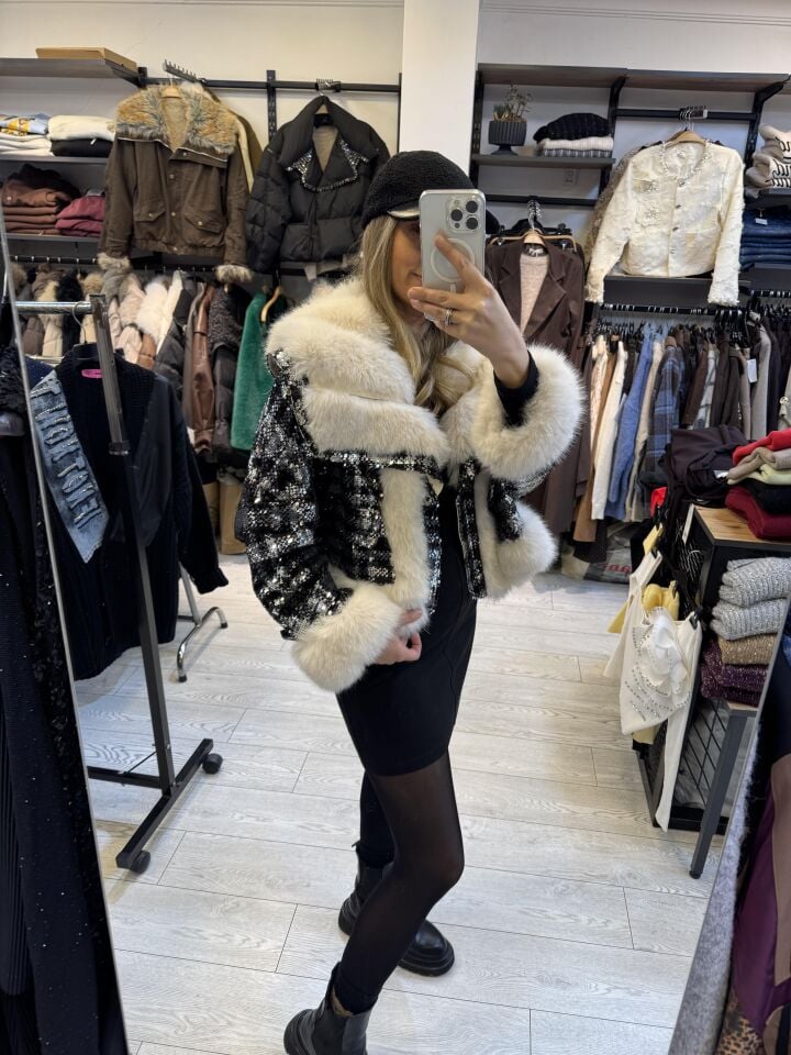 İTHAL PAYETLİ BEYAZ KÜRKLÜ MONT SİYAH / STD