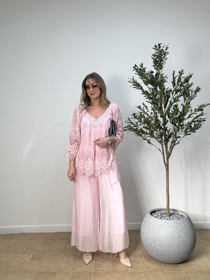 İTHAL DÜZ DESEN LASTİKLİ İPEK PANTOLON 015 Pembe - STD