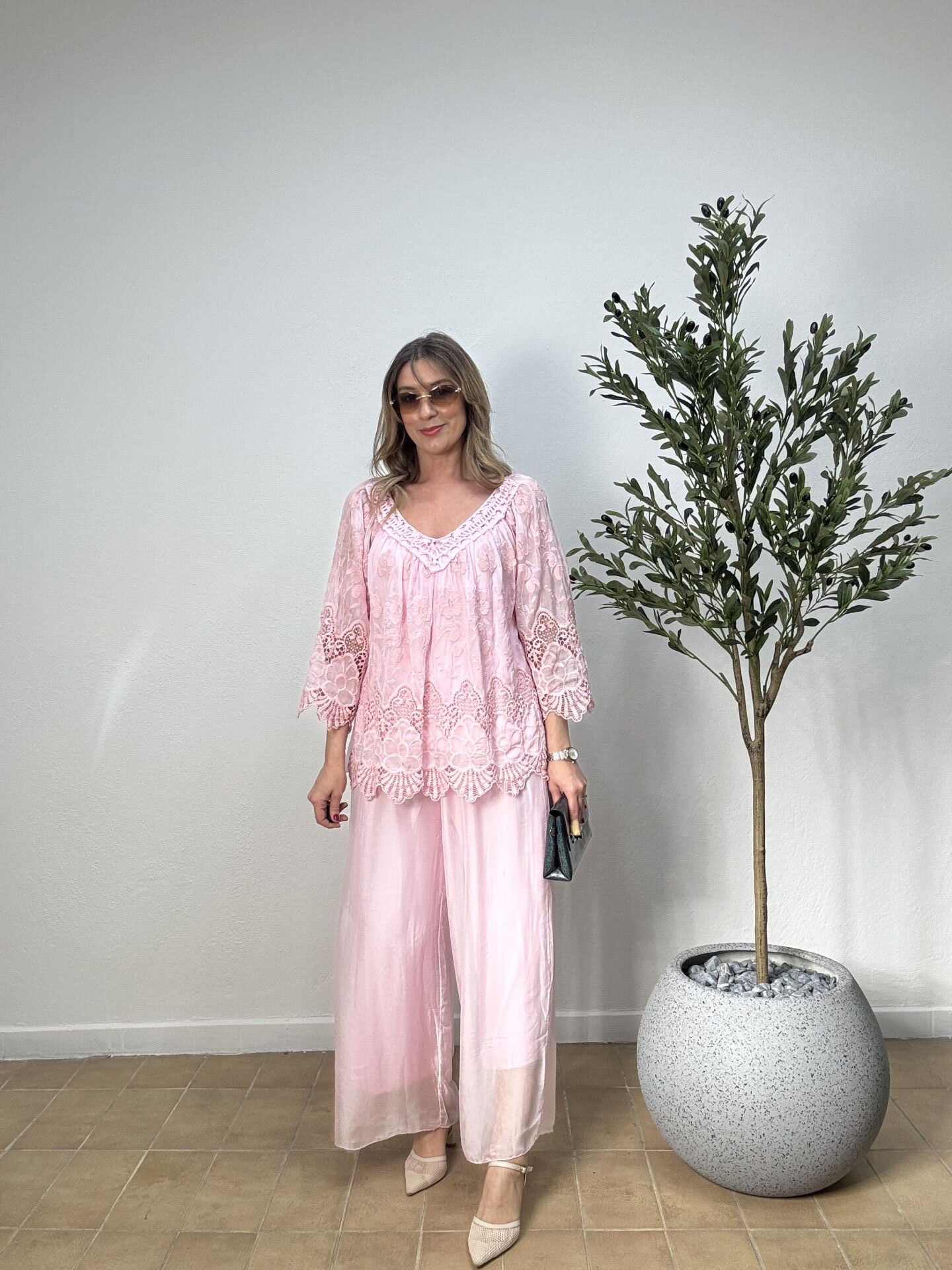 İTHAL DÜZ DESEN LASTİKLİ İPEK PANTOLON 015 Pembe - STD