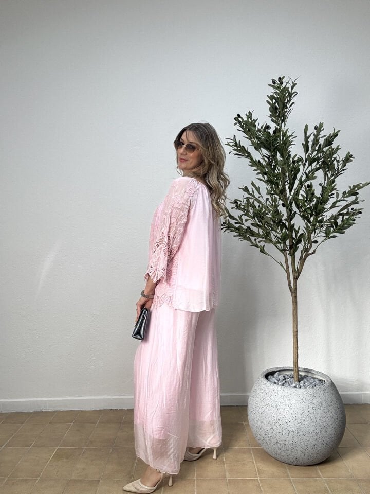 İTHAL DÜZ DESEN LASTİKLİ İPEK PANTOLON 015 Pembe - STD