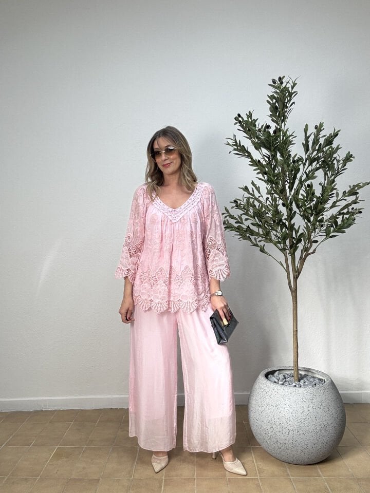 İTHAL DÜZ DESEN LASTİKLİ İPEK PANTOLON 015 Pembe - STD