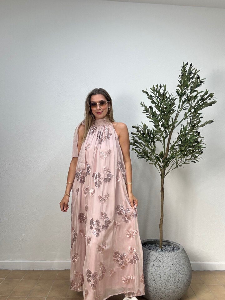 İTHAL PAYETLİ BOYUNDAN BAĞLAMALI ÖZEL ELBİSE 0904 STD - Pembe