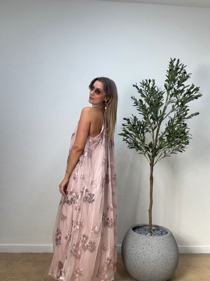 İTHAL PAYETLİ BOYUNDAN BAĞLAMALI ÖZEL ELBİSE 0904 STD - Pembe
