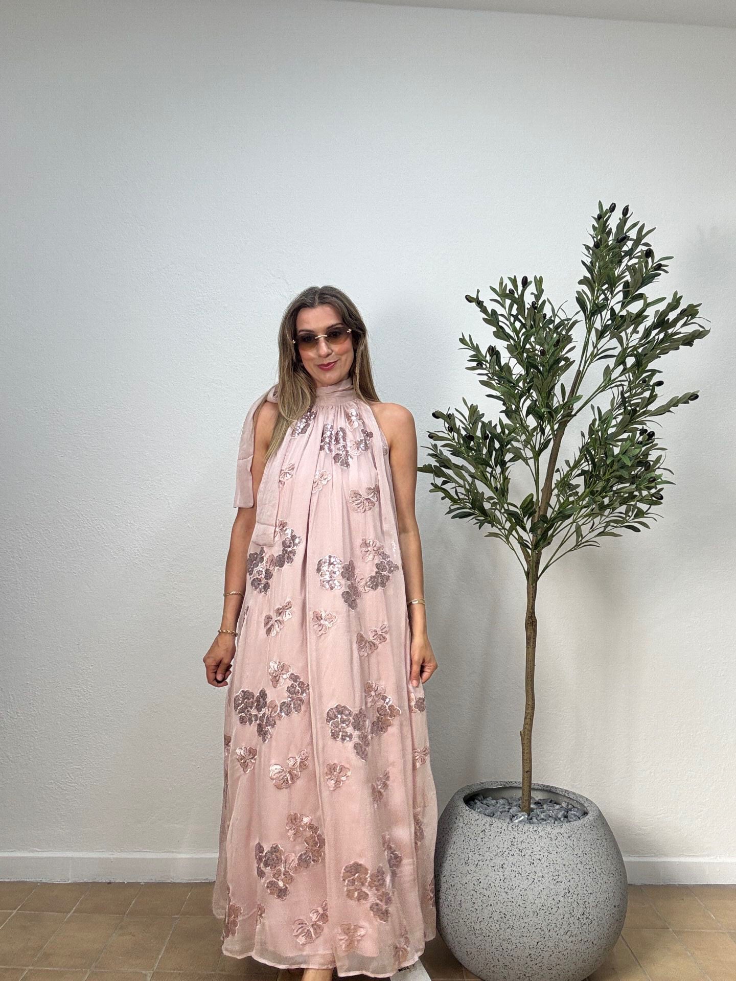 İTHAL PAYETLİ BOYUNDAN BAĞLAMALI ÖZEL ELBİSE 0904 STD - Pembe