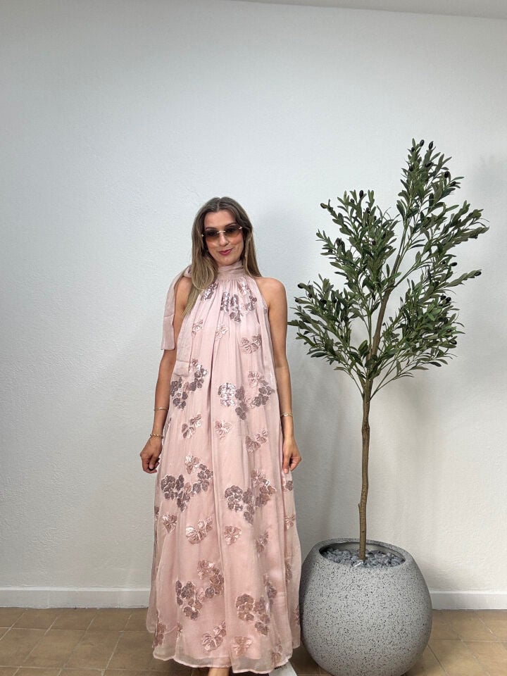İTHAL PAYETLİ BOYUNDAN BAĞLAMALI ÖZEL ELBİSE 0904 STD - Pembe