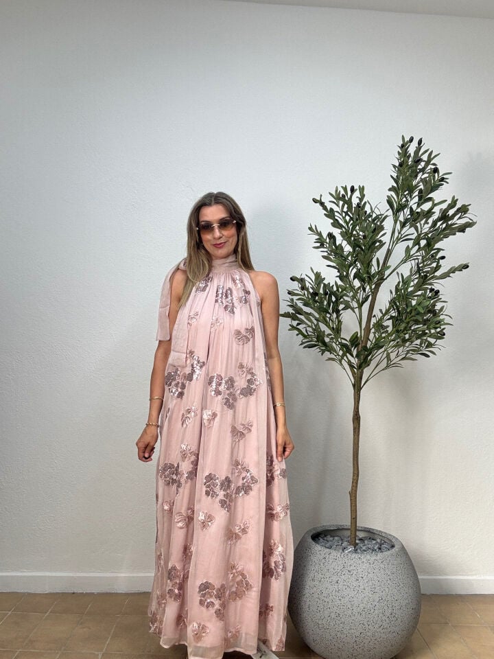 İTHAL PAYETLİ BOYUNDAN BAĞLAMALI ÖZEL ELBİSE 0904 STD - Pembe