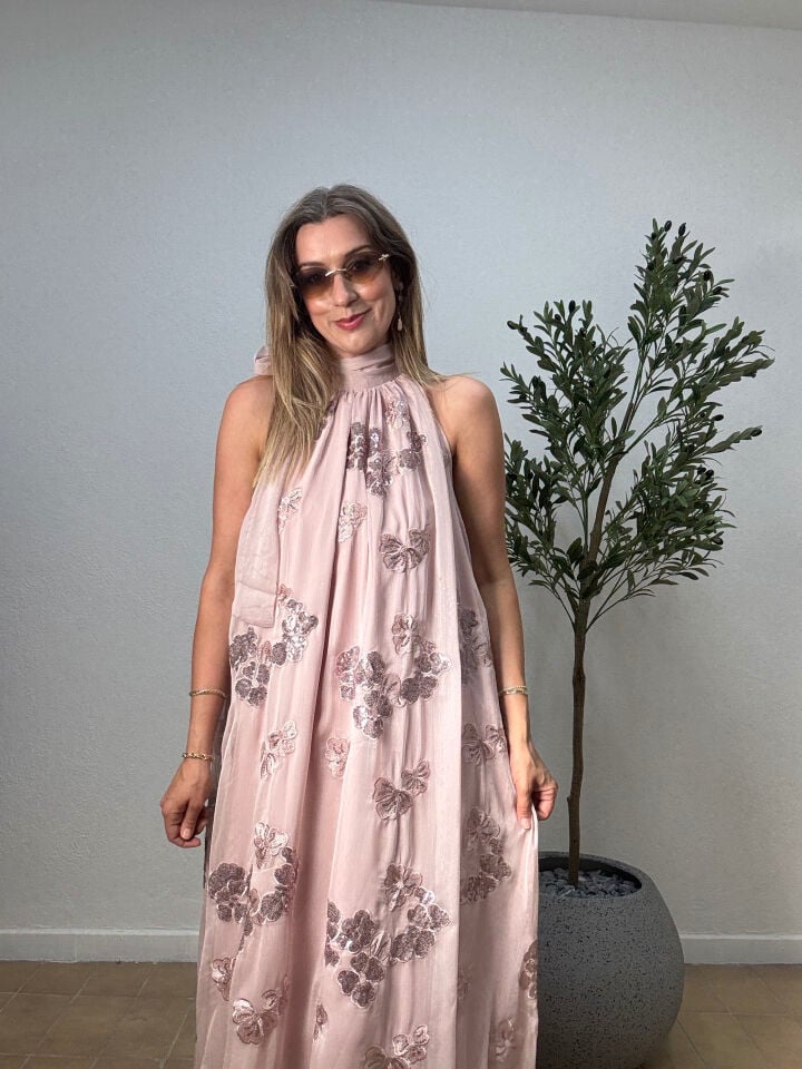 İTHAL PAYETLİ BOYUNDAN BAĞLAMALI ÖZEL ELBİSE 0904 STD - Pembe