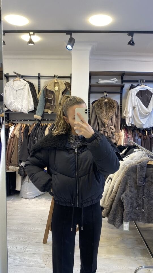 İTHAL YAKASI PELUŞ KISA ŞİŞME MONT SİYAH / STD