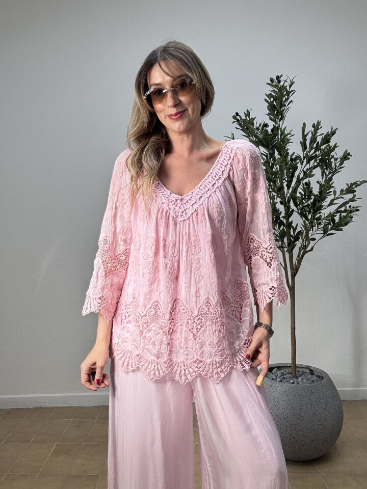 İTHAL YAKADA ZIMBA DETAYLI DANTELLİ İPEK BLUZ 1107 STD - Pembe