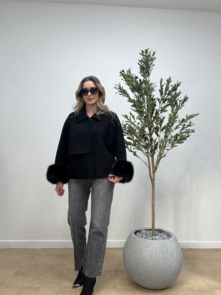 İTHAL KOLLARI KÜRK KAŞMİR KISA MONT SİYAH / STD