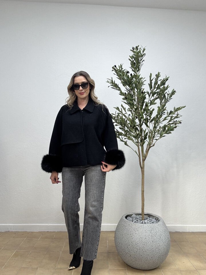 İTHAL KOLLARI KÜRK KAŞMİR KISA MONT SİYAH / STD